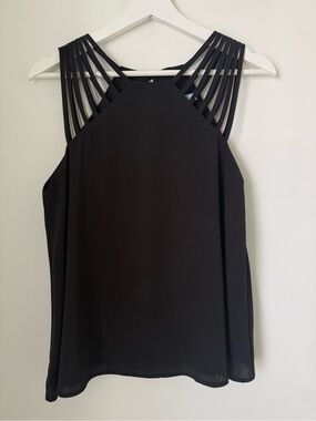 She and Sky Cage Strap Flowy Black Blouse Small